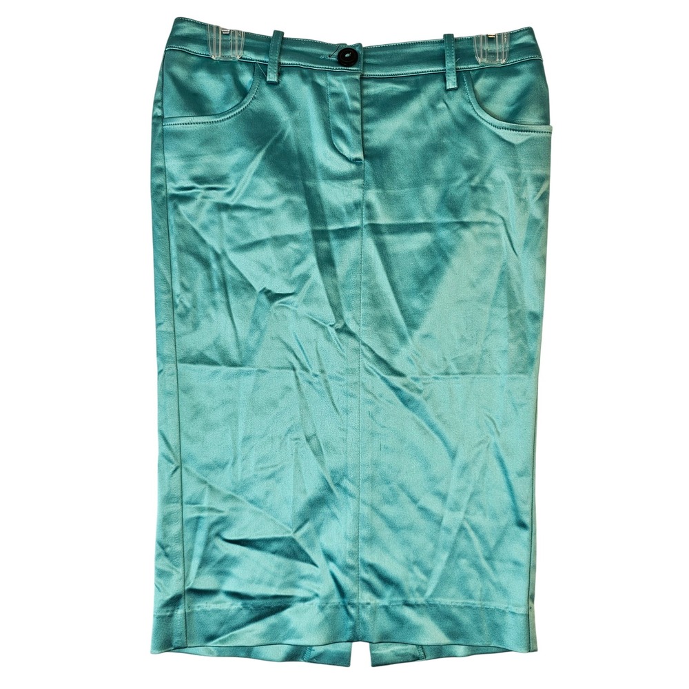 Bebe Teal Blue Satin Pencil Skirt Size 0 Made in USA Knee Length Y2K Glam